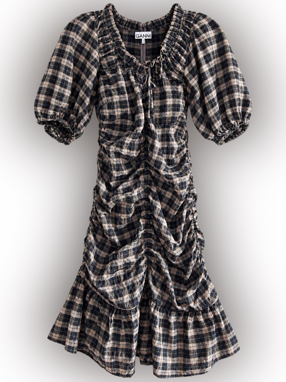 GANNI Ruched Checked Seersucker Mini Dress Fossil Size 38 NWT